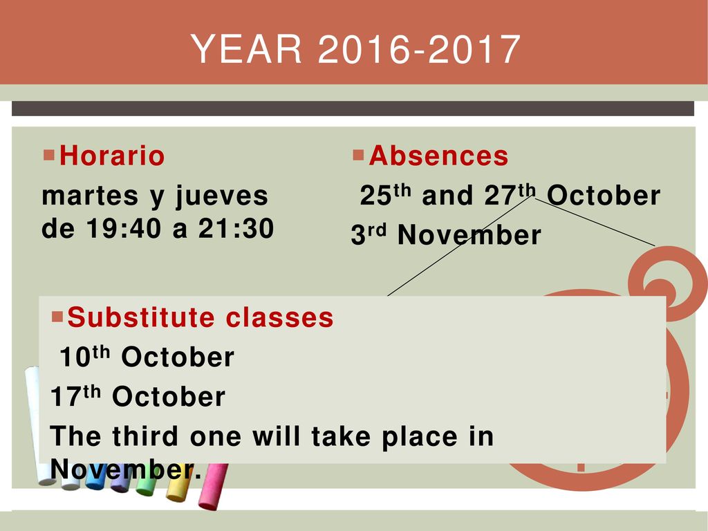 Year Horario martes y jueves de 19:40 a 21:30 Absences