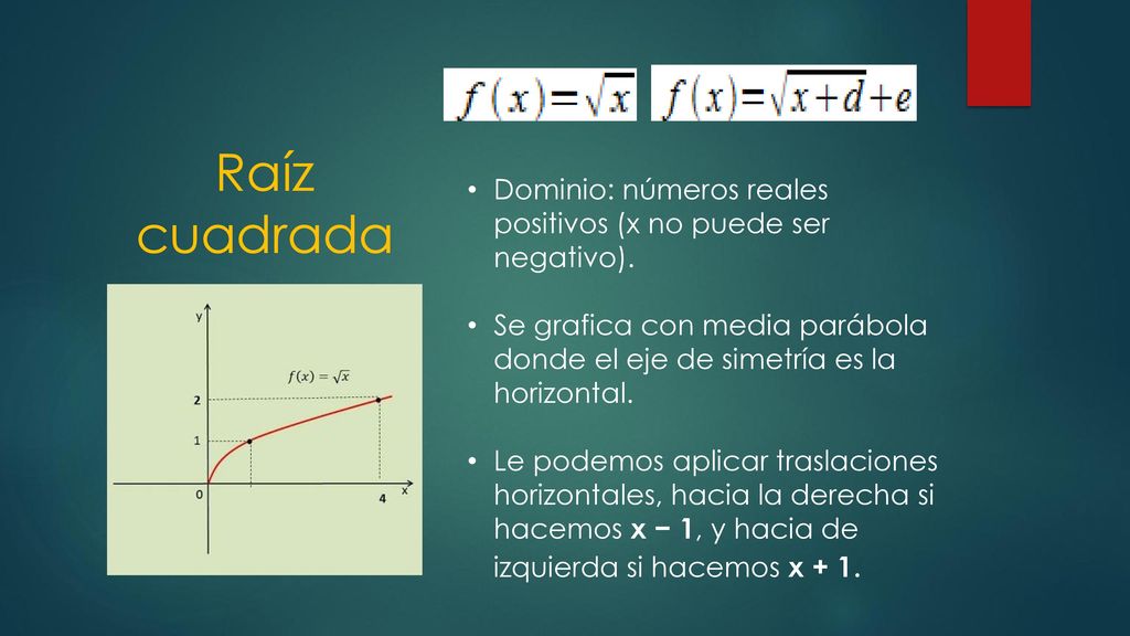 . Raíz cuadrada. Dominio: números reales positivos (x no puede ser negativo).