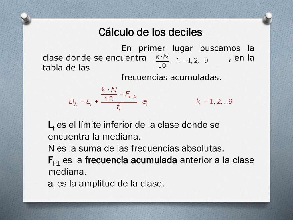 Cálculo de los deciles En primer lugar buscamos la clase donde se encuentra , en la tabla de las.