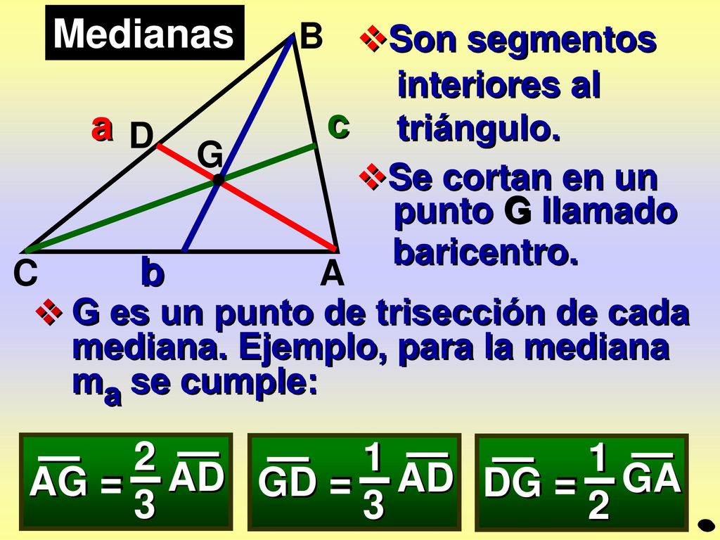 Medianas a c b AD AD GA AG = GD = DG = A B C G Son segmentos