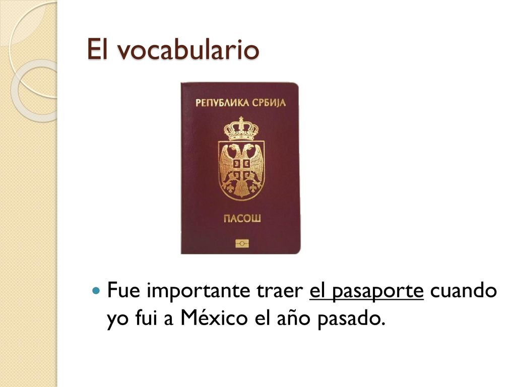 El vocabulario Fue importante traer el pasaporte cuando yo fui a México el año pasado.