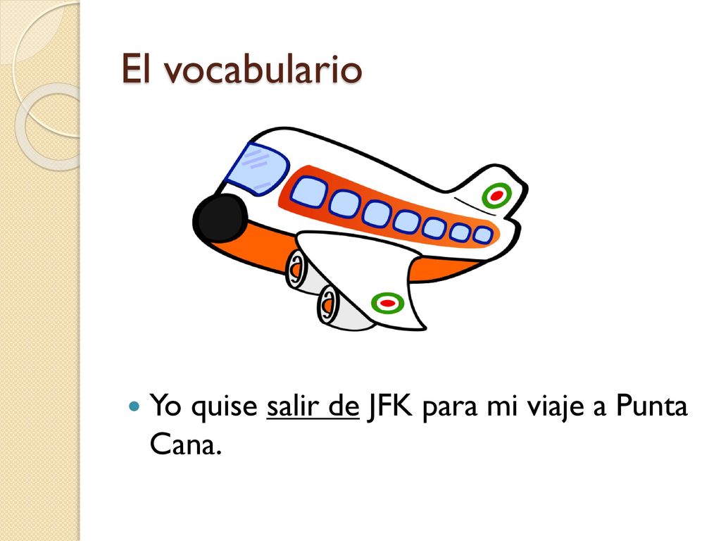 El vocabulario Yo quise salir de JFK para mi viaje a Punta Cana.