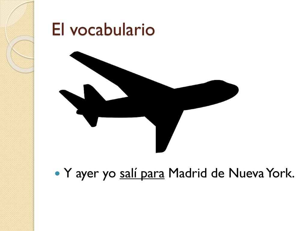 El vocabulario Y ayer yo salí para Madrid de Nueva York.
