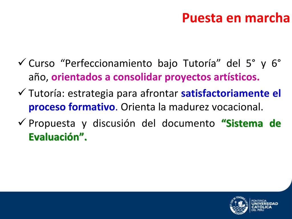 Puesta en marcha Curso Perfeccionamiento bajo Tutoría del 5° y 6° año, orientados a consolidar proyectos artísticos.