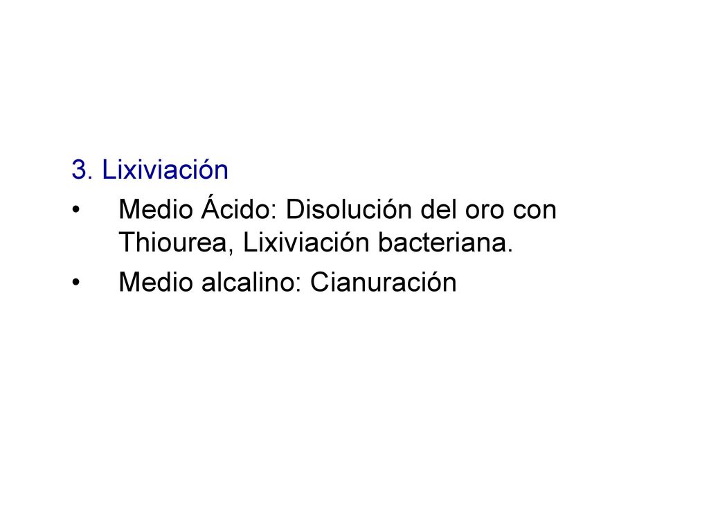 3. Lixiviación Medio Ácido: Disolución del oro con Thiourea, Lixiviación bacteriana.