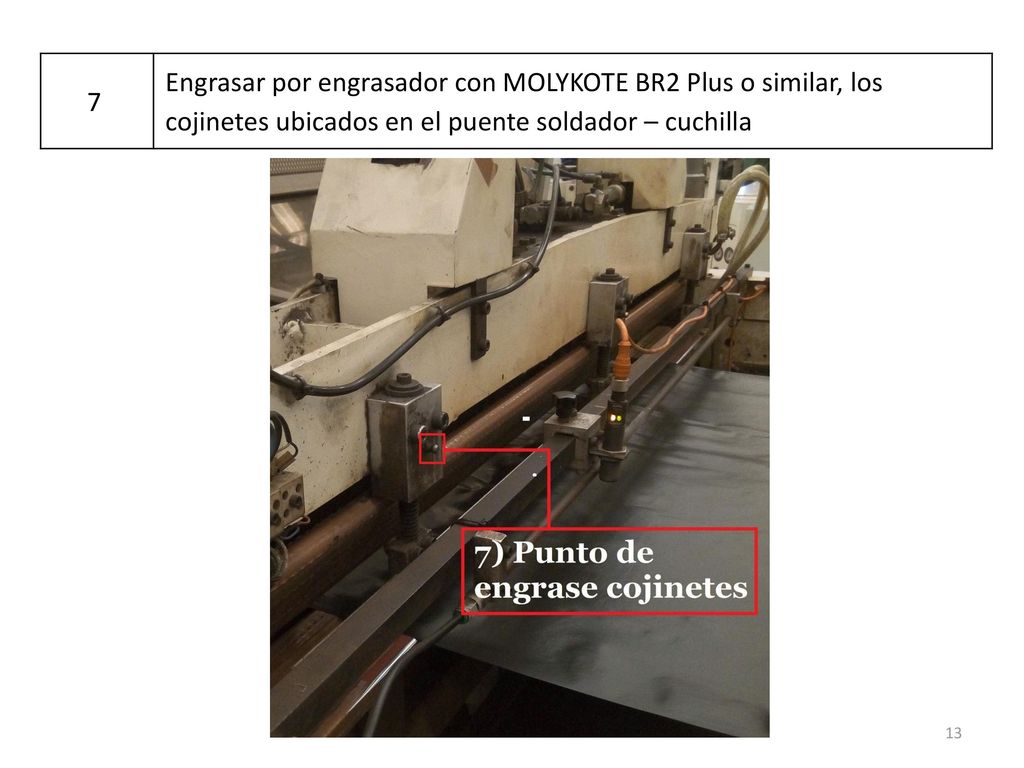 7 Engrasar por engrasador con MOLYKOTE BR2 Plus o similar, los cojinetes ubicados en el puente soldador – cuchilla.