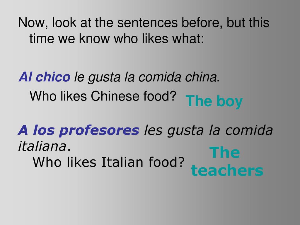 Now, look at the sentences before, but this time we know who likes what: