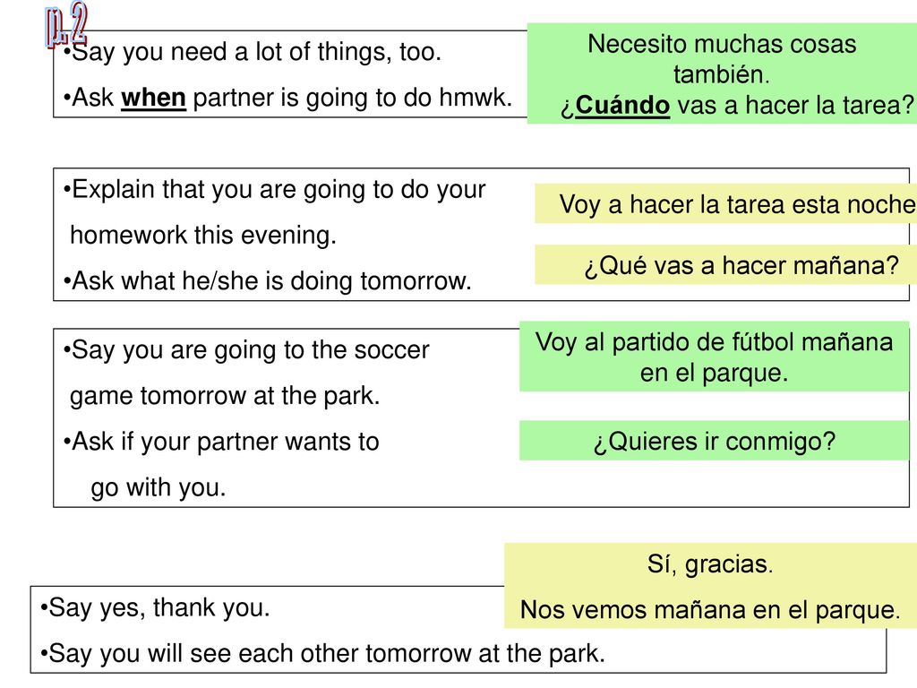 p. 2 Necesito muchas cosas también. Say you need a lot of things, too.