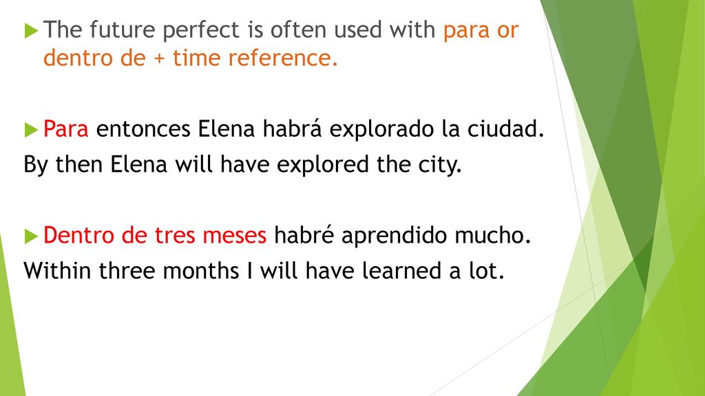 The future perfect is often used with para or dentro de + time reference.