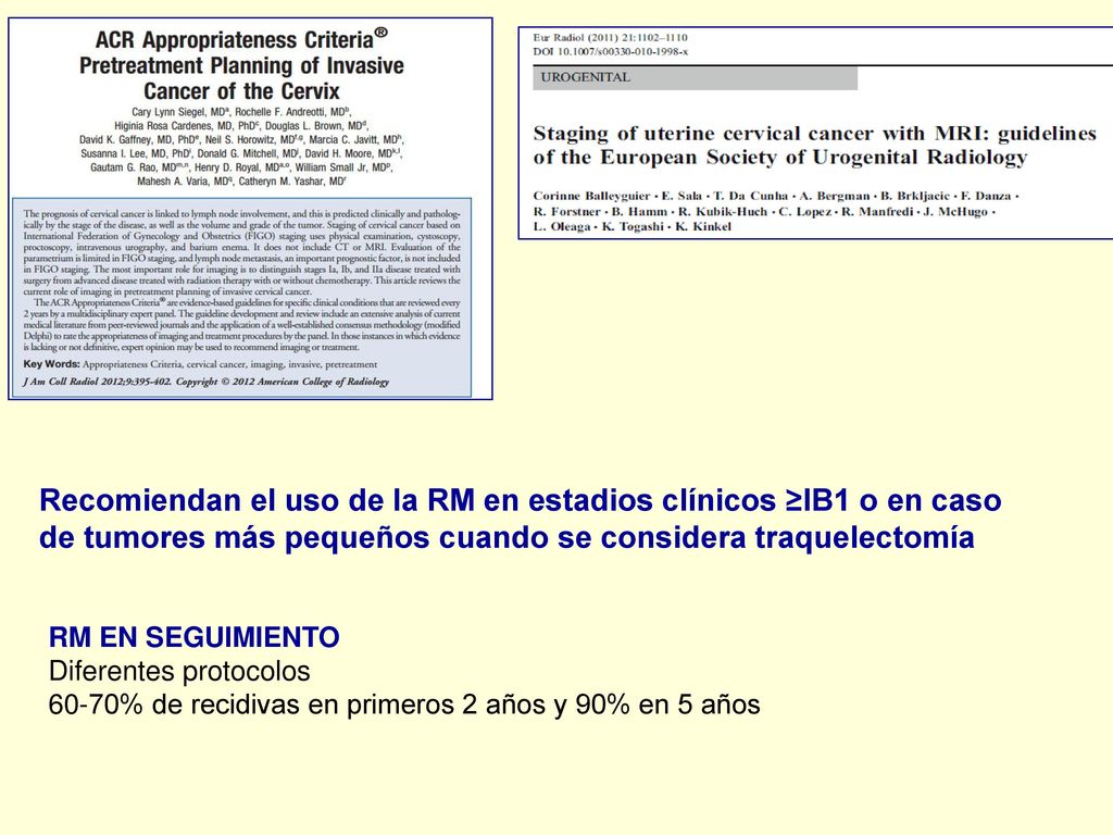 Recomiendan el uso de la RM en estadios clínicos ≥IB1 o en caso de tumores más pequeños cuando se considera traquelectomía