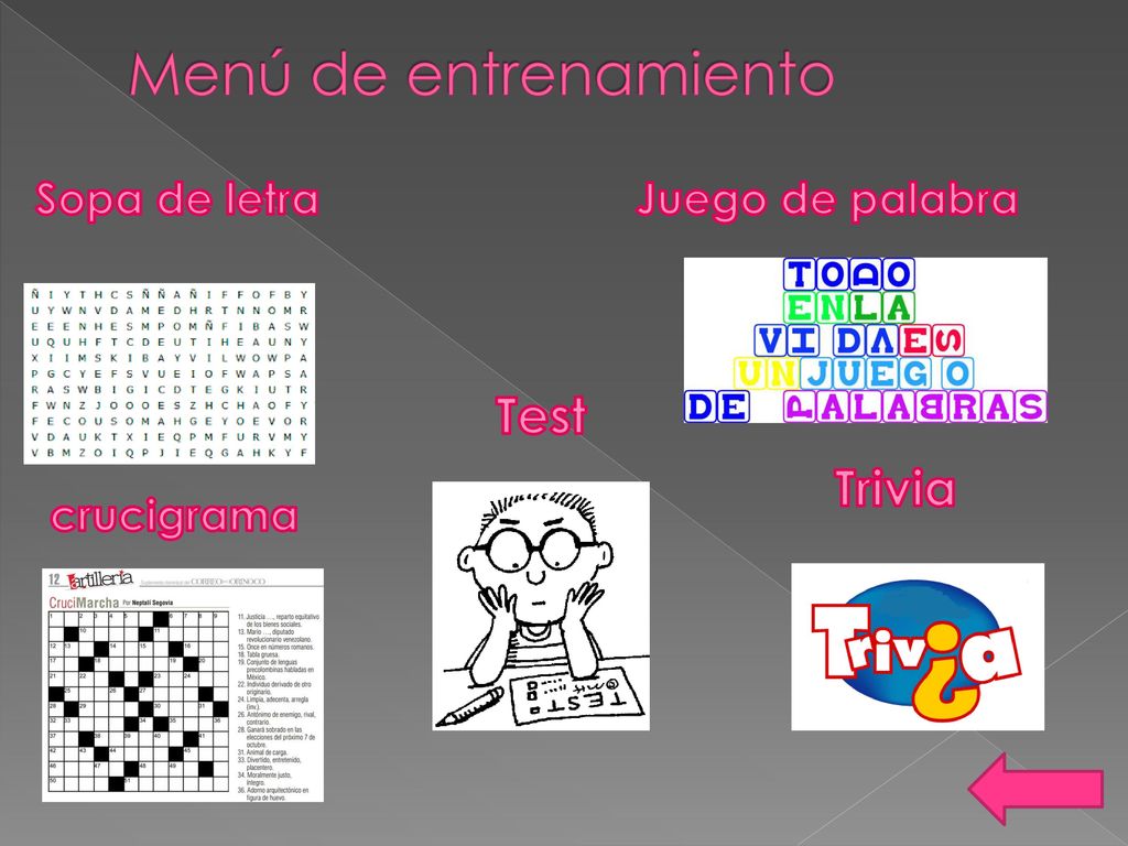 Menú de entrenamiento Test Trivia Sopa de letra Juego de palabra