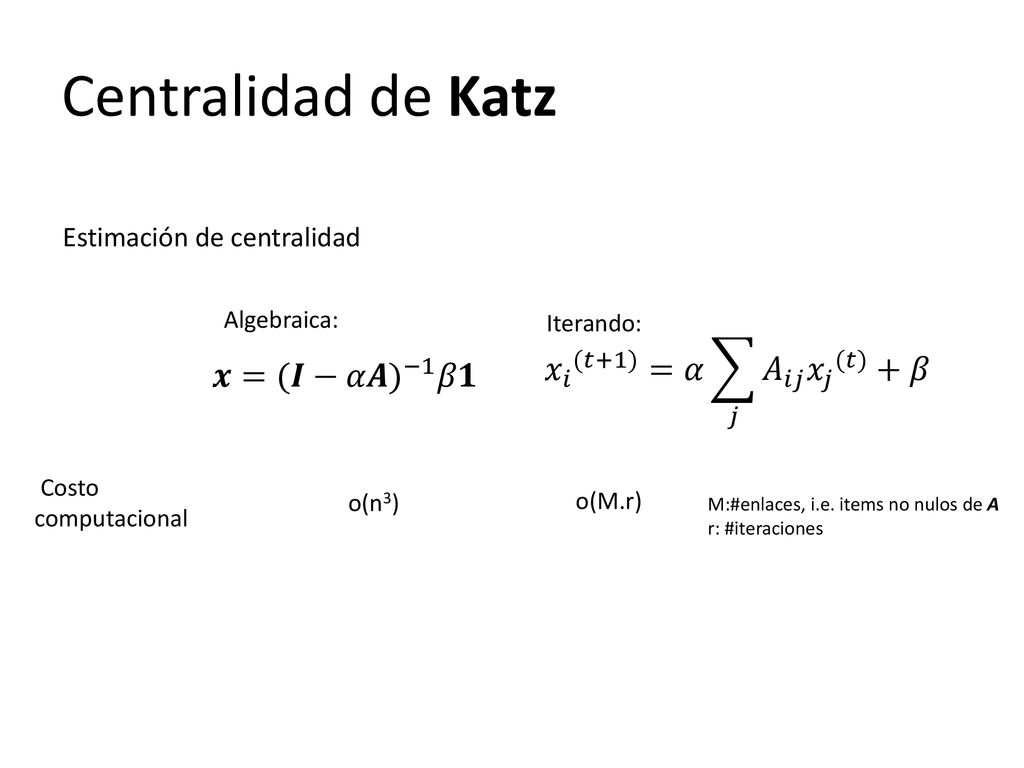 Centralidad de Katz 𝑥 𝑖 (𝑡+1) =𝛼 𝑗 𝐴 𝑖𝑗 𝑥 𝑗 (𝑡) +𝛽 𝒙= (𝑰−𝛼𝑨) −1 𝛽𝟏