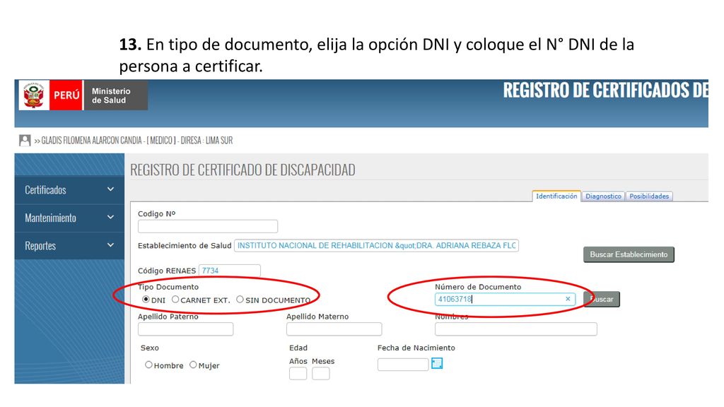 13. En tipo de documento, elija la opción DNI y coloque el N° DNI de la persona a certificar.