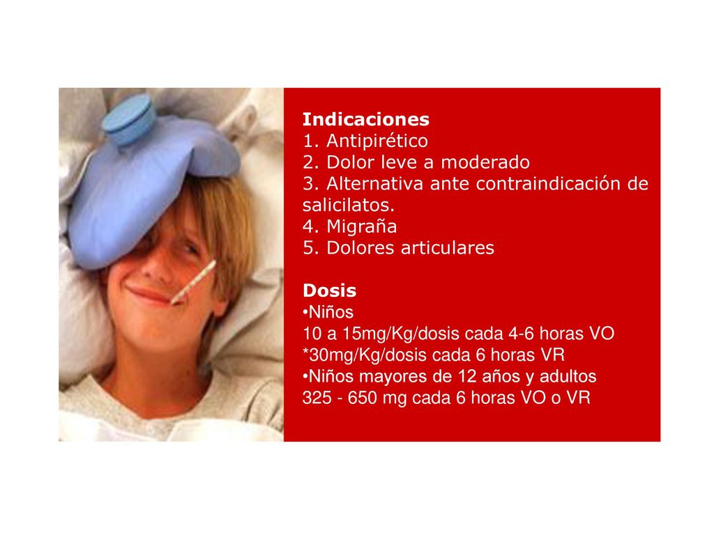 Indicaciones 1. Antipirético. 2. Dolor leve a moderado. 3. Alternativa ante contraindicación de salicilatos.