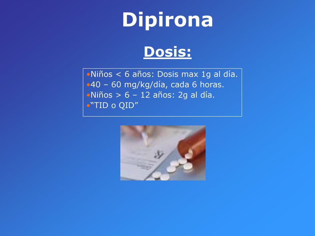 Dipirona Dosis: Niños < 6 años: Dosis max 1g al día.