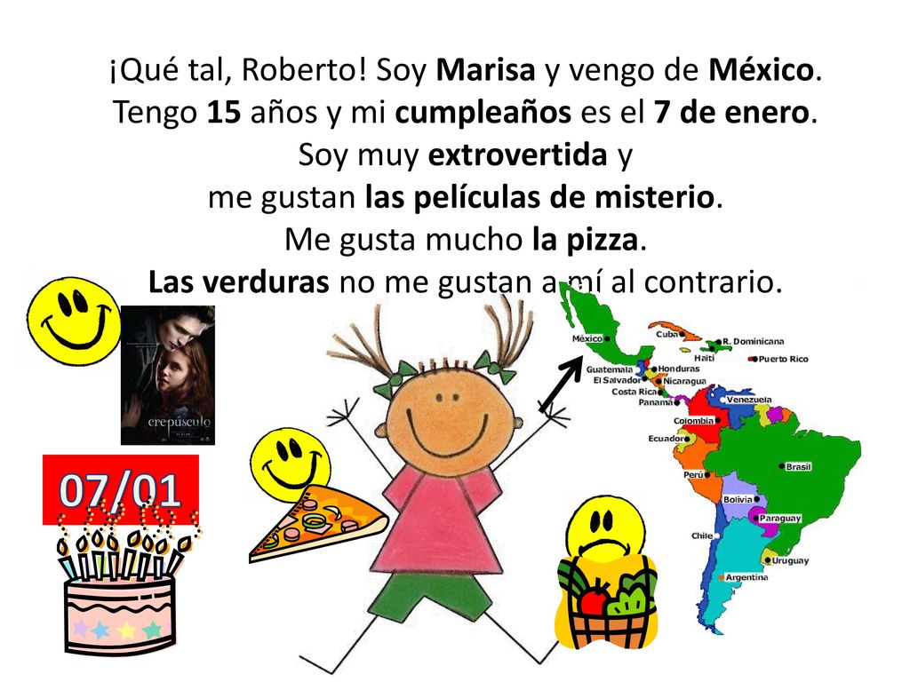 07/01 ¡Qué tal, Roberto! Soy Marisa y vengo de México.