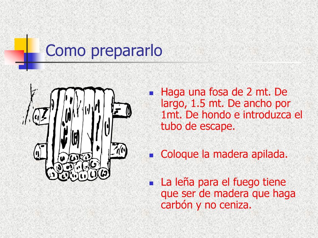 Como prepararlo Haga una fosa de 2 mt. De largo, 1.5 mt. De ancho por 1mt. De hondo e introduzca el tubo de escape.