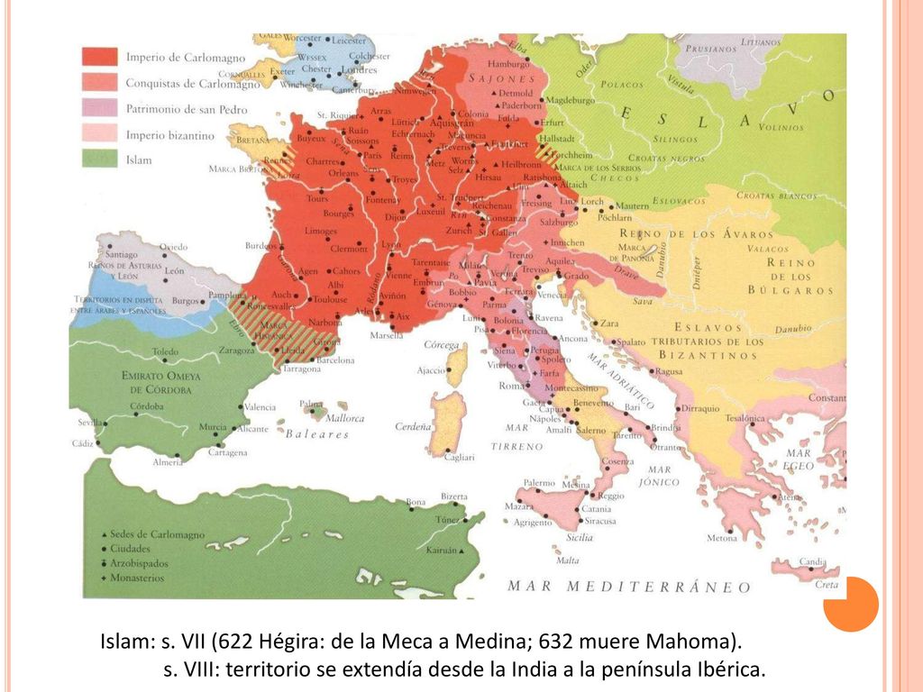 Islam: s. VII (622 Hégira: de la Meca a Medina; 632 muere Mahoma).