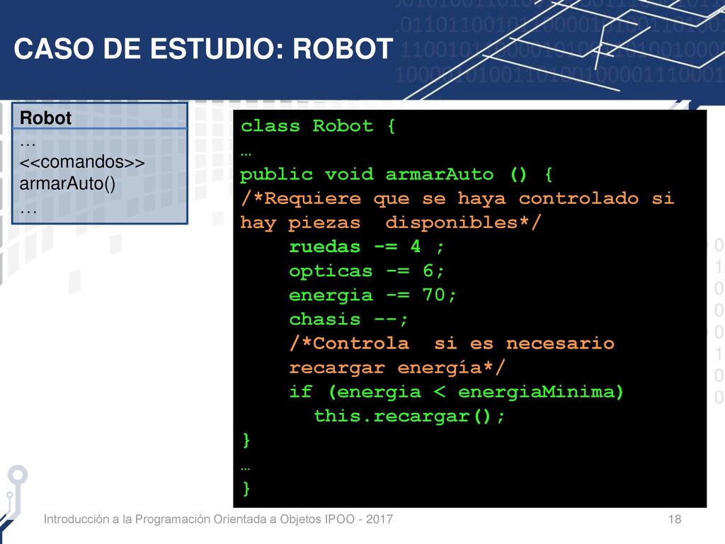CASO DE ESTUDIO: ROBOT class Robot { … public void armarAuto () {