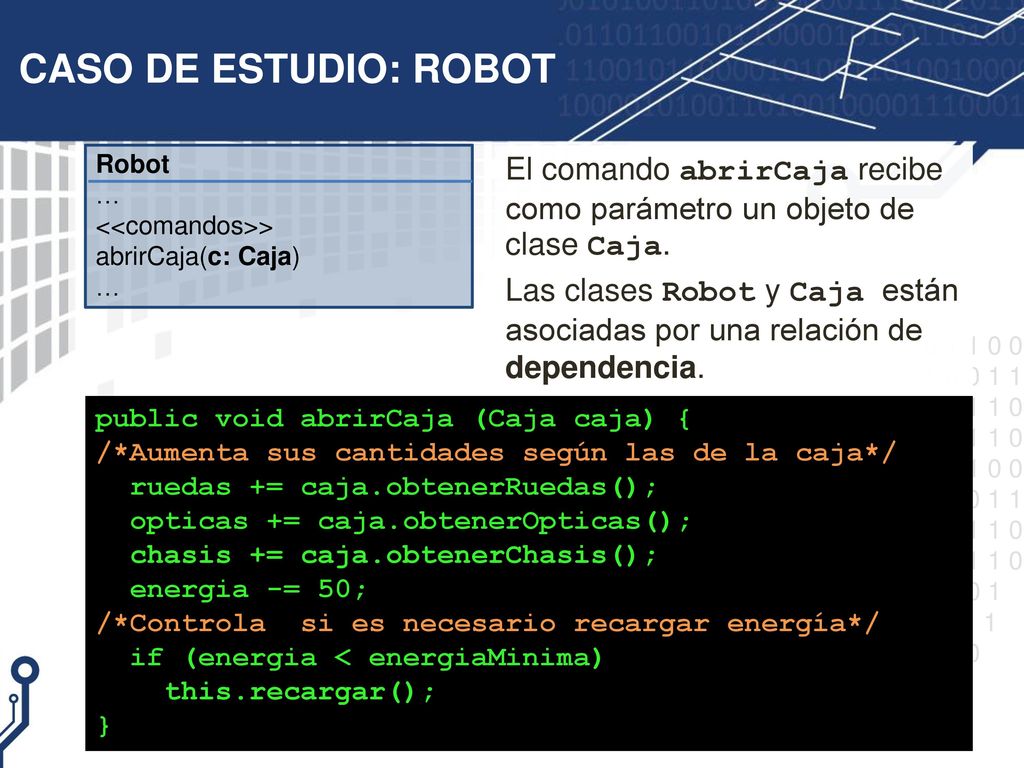 CASO DE ESTUDIO: ROBOT Robot. … <<comandos>> abrirCaja(c: Caja) El comando abrirCaja recibe como parámetro un objeto de clase Caja.