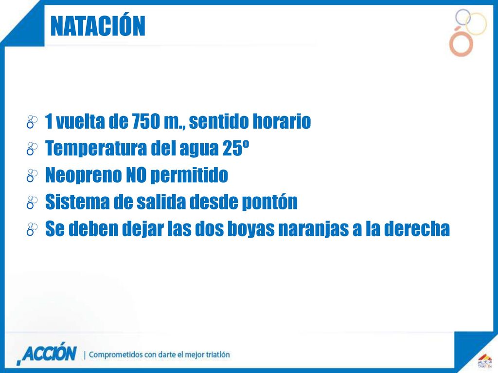 natación 1 vuelta de 750 m., sentido horario Temperatura del agua 25º