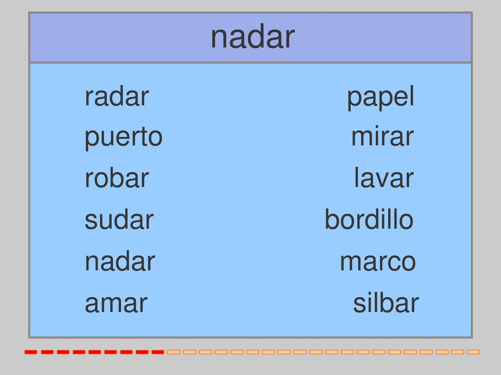 nadar radar papel puerto mirar robar lavar sudar bordillo nadar marco