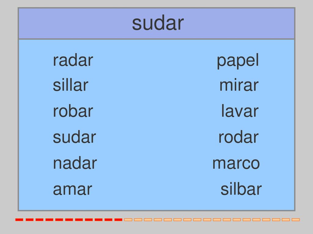 sudar radar papel sillar mirar robar lavar sudar rodar nadar marco