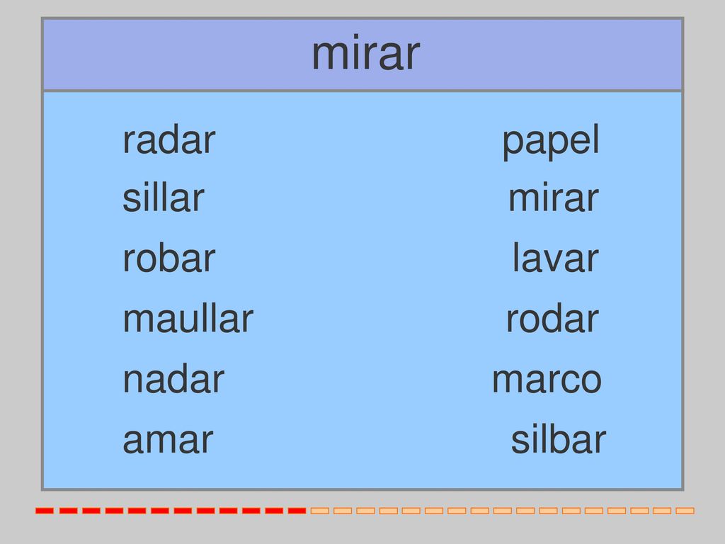 mirar radar papel sillar mirar robar lavar maullar rodar nadar marco