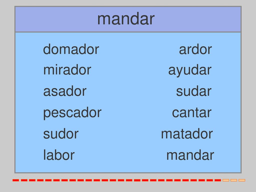 mandar domador ardor mirador ayudar asador sudar pescador cantar sudor