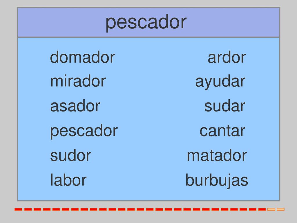 pescador domador ardor mirador ayudar asador sudar pescador cantar
