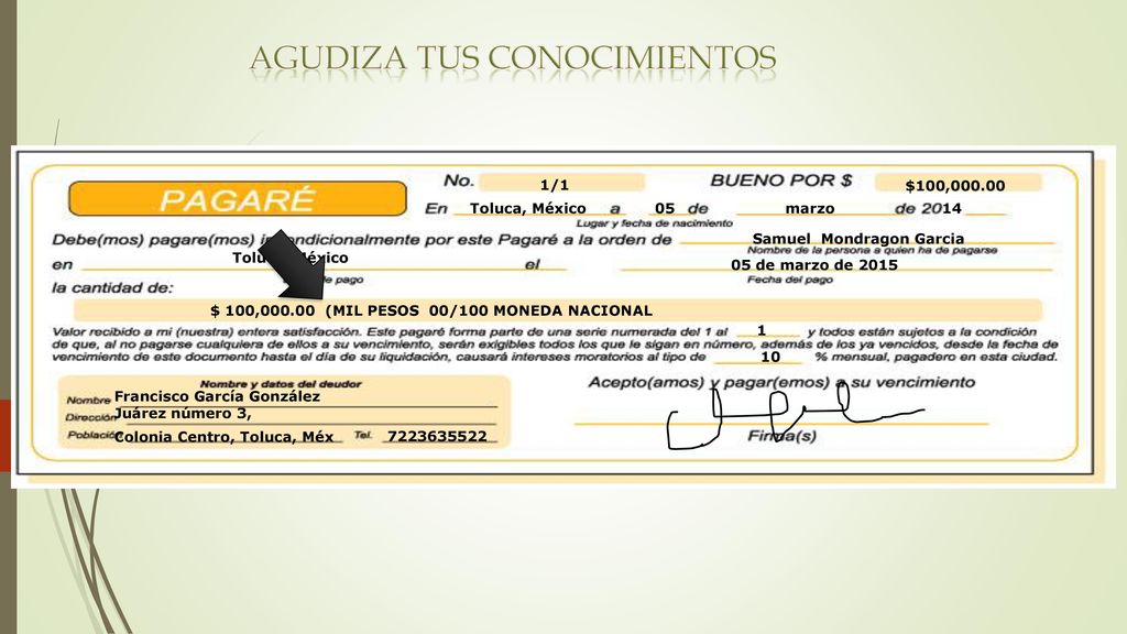 Samuel Mondragon Garcia $ 100, (MIL PESOS 00/100 MONEDA NACIONAL
