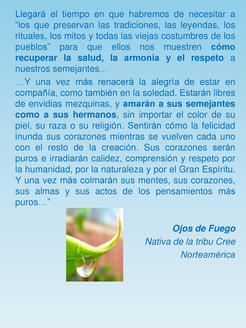 Llegará el tiempo en que habremos de necesitar a los que preservan las tradiciones, las leyendas, los rituales, los mitos y todas las viejas costumbres de los pueblos para que ellos nos muestren cómo recuperar la salud, la armonía y el respeto a nuestros semejantes…