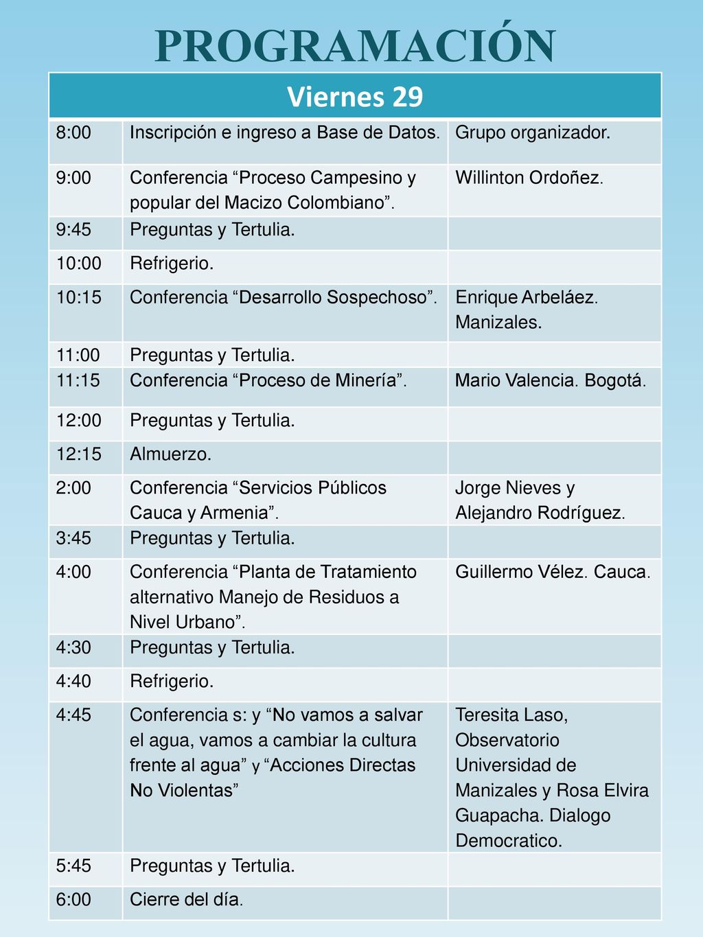 Programación Viernes 29 8:00 Inscripción e ingreso a Base de Datos.