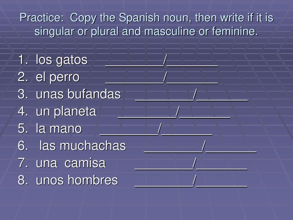 1. los gatos ________/_______ 2. el perro ________/_______