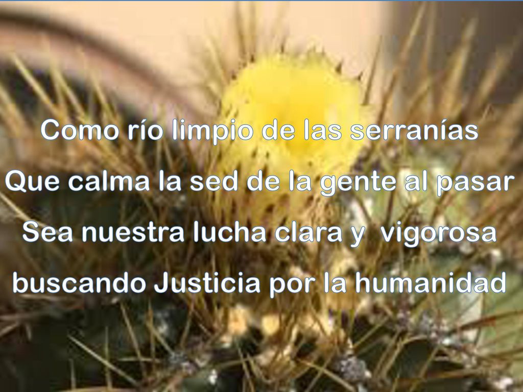 Como río limpio de las serranías Que calma la sed de la gente al pasar Sea nuestra lucha clara y vigorosa buscando Justicia por la humanidad