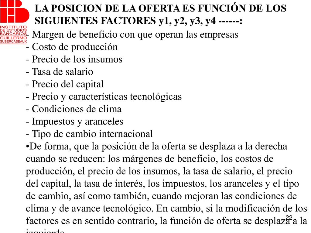 LA POSICION DE LA OFERTA ES FUNCIÓN DE LOS SIGUIENTES FACTORES y1, y2, y3, y :