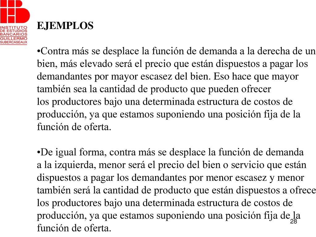 EJEMPLOS Contra más se desplace la función de demanda a la derecha de un. bien, más elevado será el precio que están dispuestos a pagar los.