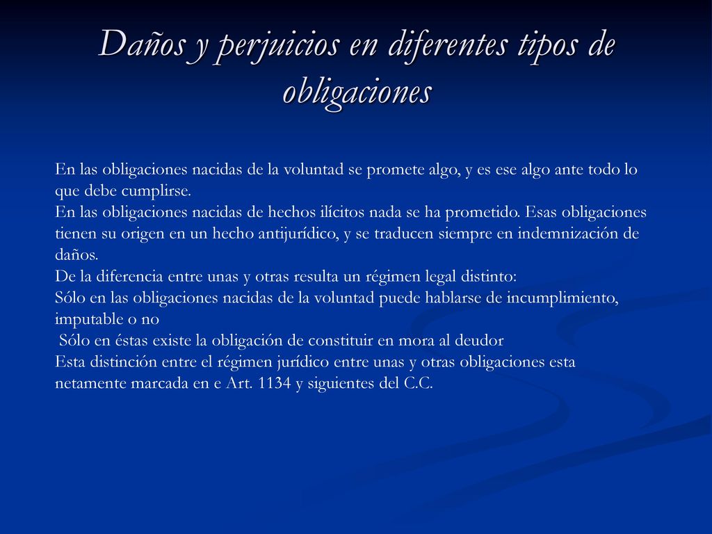 Daños y perjuicios en diferentes tipos de obligaciones