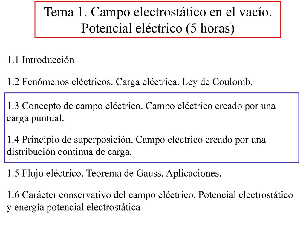 Tema 1. Campo electrostático en el vacío. Potencial eléctrico (5 horas)