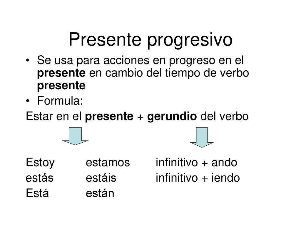 Presente progresivo Se usa para acciones en progreso en el presente en cambio del tiempo de verbo presente.