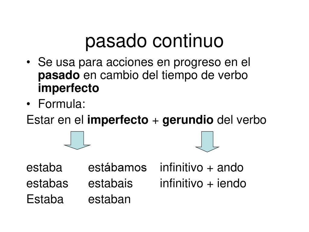 pasado continuo Se usa para acciones en progreso en el pasado en cambio del tiempo de verbo imperfecto.