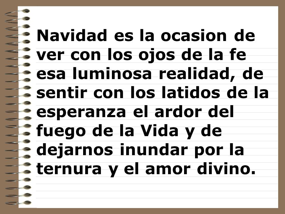 Navidad es la ocasion de ver con los ojos de la fe esa luminosa realidad, de sentir con los latidos de la esperanza el ardor del fuego de la Vida y de dejarnos inundar por la ternura y el amor divino.