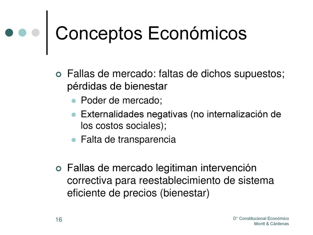 Conceptos Económicos Fallas de mercado: faltas de dichos supuestos; pérdidas de bienestar. Poder de mercado;