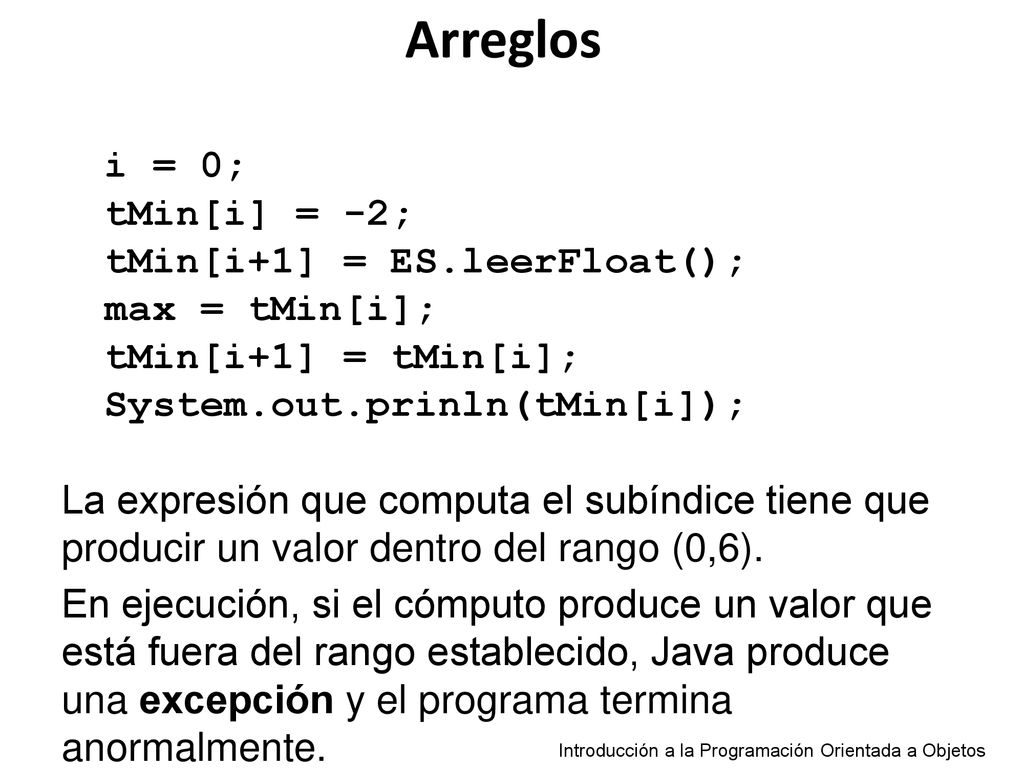 Arreglos i = 0; tMin[i] = -2; tMin[i+1] = ES.leerFloat();