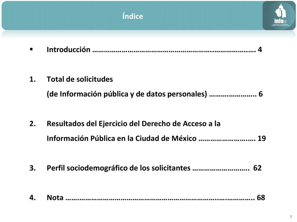 Índice Introducción ……………………………………………………..……………..…. 4. Total de solicitudes. (de Información pública y de datos personales) ……….………….. 6.