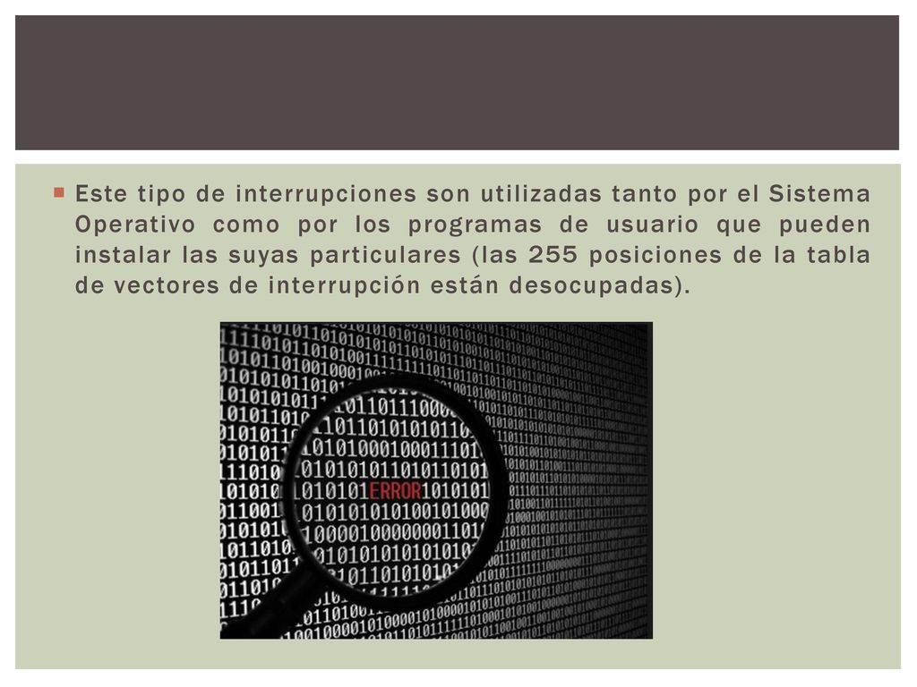 Este tipo de interrupciones son utilizadas tanto por el Sistema Operativo como por los programas de usuario que pueden instalar las suyas particulares (las 255 posiciones de la tabla de vectores de interrupción están desocupadas).