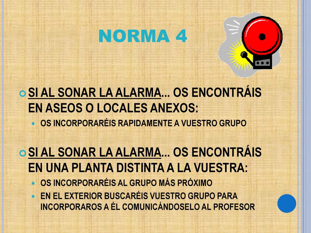 NORMA 4 SI AL SONAR LA ALARMA... OS ENCONTRÁIS EN ASEOS O LOCALES ANEXOS: OS INCORPORARÉIS RAPIDAMENTE A VUESTRO GRUPO.