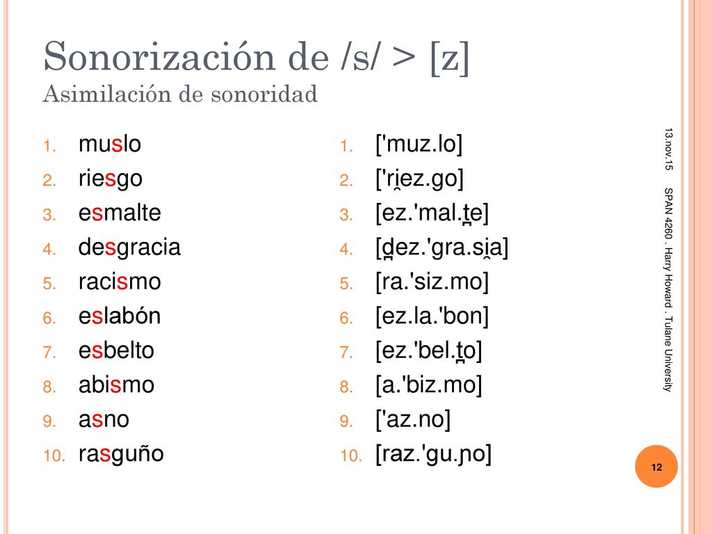 Sonorización de /s/ > [z] Asimilación de sonoridad