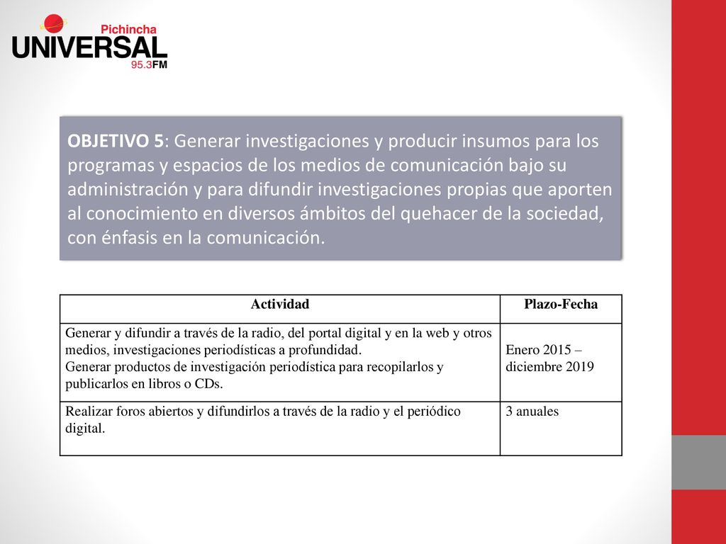 OBJETIVO 5: Generar investigaciones y producir insumos para los programas y espacios de los medios de comunicación bajo su administración y para difundir investigaciones propias que aporten al conocimiento en diversos ámbitos del quehacer de la sociedad, con énfasis en la comunicación.