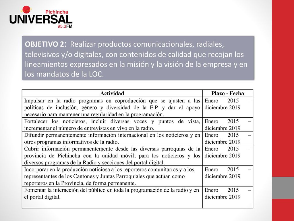 OBJETIVO 2: Realizar productos comunicacionales, radiales, televisivos y/o digitales, con contenidos de calidad que recojan los lineamientos expresados en la misión y la visión de la empresa y en los mandatos de la LOC.
